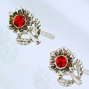 Sterling Silver 925 Red Crystal Sunflower Stud Earrings Floral Vintage Jewelry